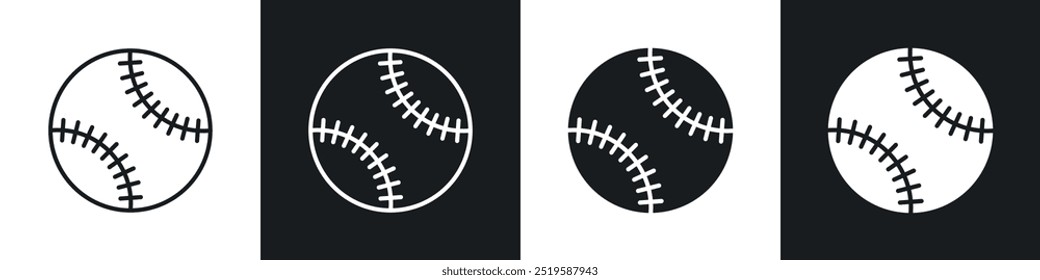 Baseball icon collection in black and white filled and stroke line style.