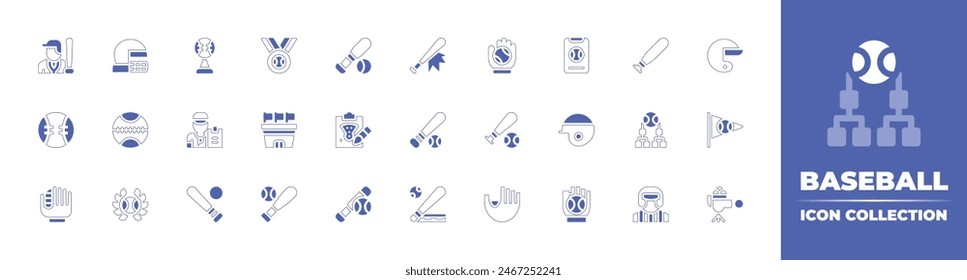 Colección de iconos de béisbol. Trazo de línea de estilo duotono y negrita. Ilustración vectorial. Contiene bate de béisbol, béisbol, jugador de béisbol, béisbol, guante de béisbol, casco de béisbol, estadio de béisbol.