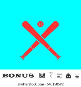 Baseball icon flat. Red pictogram on blue background. Vector illustration symbol and bonus buttons Music center, corkscrew, credit card, house, drum