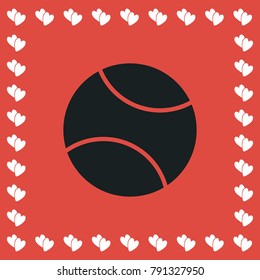 Baseball icon flat. Simple black pictogram on red background with white hearts for valentines day. Vector illustration symbol