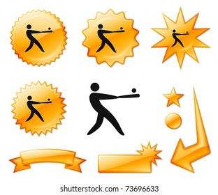 Baseball Icon on Orange Burst Banners and Medals Original Vector Illustration