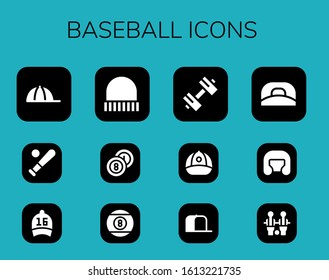 baseball icon set. 12 filled baseball icons. Included Cap, Baseball, Billiards, Billiard, Sport, Boxing helmet, Table football icons