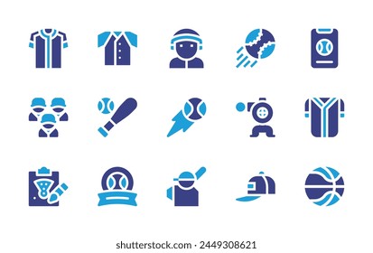 Baseball icon set. Duotone color. Vector illustration. Containing baseball, basketballball, baseballjersey, batter, baseballcap, baseballplayer, baseballteam.