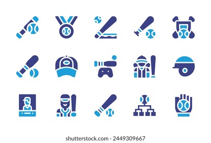 Baseball icon set. Duotone color. Vector illustration. Containing baseballcap, baseballball, baseballbat, baseball, baseballplayer, tournament, joystick, award, ball.