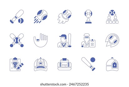 Baseball icon set. Duotone style line stroke and bold. Vector illustration. Containing baseball, homerun, baseballplayer, bats, baseballbat, baseballcap, baseballbag, baseballglove, coach.