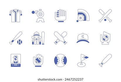 Baseball icon set. Duotone style line stroke and bold. Vector illustration. Containing baseball, baseballbat, baseballcap, baseballjersey, baseballfield, baseballplayer, baseballglove.