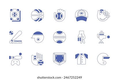 Baseball-Icon-Set. Linienstrich im Duotonstil und fett. Vektorillustration. Enthält Basketball, Pitchingmaschine, Baseballkappe, Base, Helm, Baseball, Baseballhandschuh, Baseballkarte, Joystick.