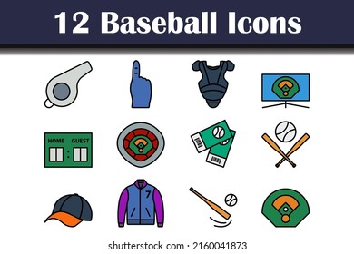 Baseball Icon Set. Editable Bold Outline With Color Fill Design. Vector Illustration.