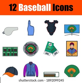 Baseball Icon Set. Flat Color Outline Design With Editable Stroke. Vector Illustration.