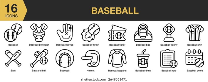 Baseball icon set. Includes baseball, game, sport, ball, competition, team, and More. Outline icons vector collection.