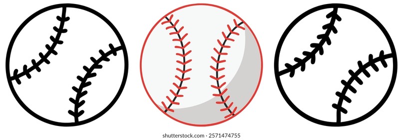 Baseball icon set with stitches, A set of three baseball icons featuring bold stitches in black and red, representing sports, recreation, and athletic themes. 