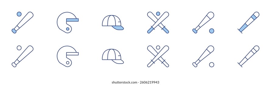 Baseball icon set in two styles, Duotone and Thin Line style. Editable stroke. baseball, baseball bat, baseball helmet, cap.