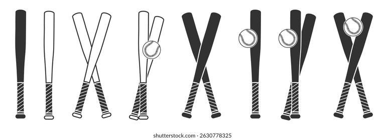 Baseball Icon Set. Vintage Style Vector Baseball Bats and Balls Collection, Crossed Bats, Sports Equipment Elements Isolated on Transparent Background for Logo, Poster, Print or Web Design