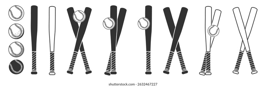 Baseball Icon Set. Vintage Style Vector Baseball Bats and Balls Collection, Crossed Bats, Sports Equipment Elements Isolated on Transparent Background for Logo, Poster, Print or Web Design