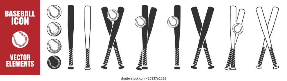Conjunto de iconos de béisbol. Colección de béisbol de los bates y de las bolas del Vector del estilo de Antiguas, bates cruzados, Elementos del equipo deportivo aislados en fondo transparente para el logotipo, el cartel, la impresión o el Diseño web