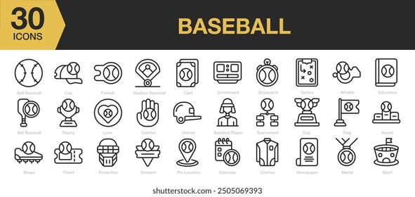 baseball icon sets. Includes helmet, ticket, tournament, trophy, card, clothes, and More. Outline icons vector collection.