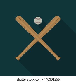 Baseball icon with two wooden baseball bats and Ball, a long diagonal shadow, vector illustration.
