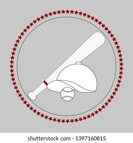 Baseball icon vector flat illustration. Baseball club logo. Baseball emblem. The symbol of a baseball on a dark background, Stitch and stars. Cap,ball,bat.