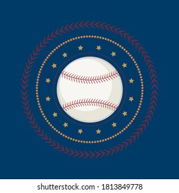 Baseball icon vector flat illustration. Baseball club logo. Baseball emblem. The symbol of a baseball on a dark background, Stitch and stars. 
