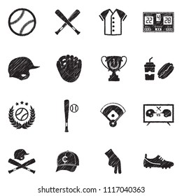 Baseball Icons. Black Scribble Design. Vector Illustration.
