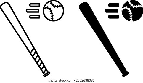 Baseball Icons. Black and White Vector Illustrations. Flying Ball and Baseball Bat. Sports Concept