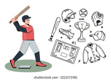 Juego de doodles de íconos de béisbol, uniforme para equipos deportivos y de juegos. Colección de dibujos a mano de murciélago, mitín de cuero, zapatos o cuchillos, pelota y guantes. Casco negro, copa campeona y marcador.