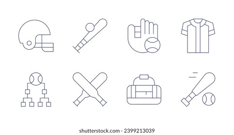 Baseball icons. Editable stroke. Containing baseball, bat, baseball bag, jersey, baseball glove, helmet.