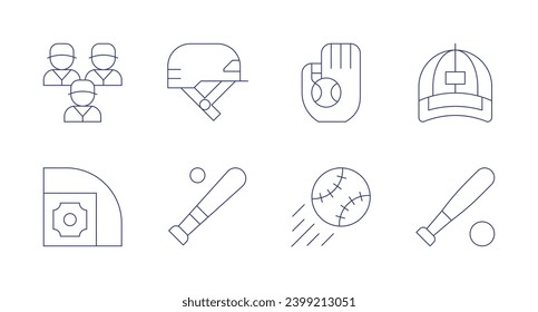 Baseball icons. Editable stroke. Containing helmet, glove, cap, team, baseball bat, baseball, baseball field.