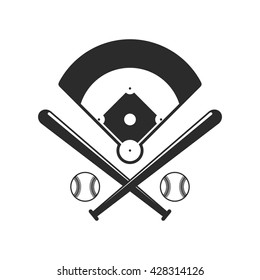 Baseball icons. Field, bals and baseball bats in flat style isolated on white background