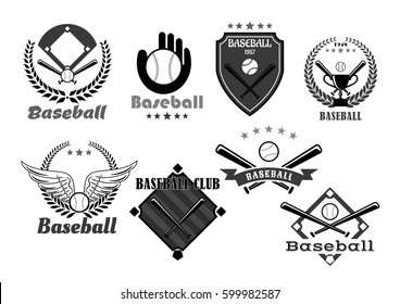 Baseball icons of baseball glove and pin for sport club or championship tournament. Victory award symbols of vector winner cup goblet wings, heraldic ribbon and laurel wreath with crown and stars