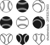 Baseball Icons and Hearts, Baseball Ball Sketch Silhouette, Baseball Ball Icon SVG''