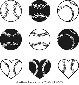 Baseball Icons and Hearts, Baseball Ball Sketch Silhouette, Baseball Ball Icon SVG''