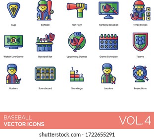 Baseball Icons Including Cup, Softball, Fan Horn, Fantasy, Three Strikes, Watch Live Game, Bar, Upcoming, Schedule, Team, Roster, Scoreboard, Standings, Leader, Projection.