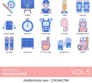 Baseball icons including inning, strategy, umpire, trophy, knee pad, jacket, stopwatch, chest guard, pitch sign, girl player, leg, locker room, fan foam finger, batting gloves, captain.