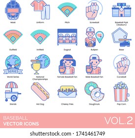 Baseball icons including mask, uniform, pitch, screwball, park, stadium, outfield, infield, dugout, bullpen, base, world series, national championship, fan, curveball, stand, hot dog, cheesy fries.