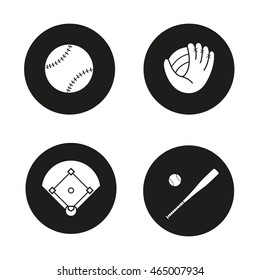 Baseball icons set. Ball, mitt, field and bat. Softball accessories. Vector white illustrations in black circles