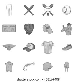 Baseball icons set in black monochrome style. Softball equipment set collection vector illustration