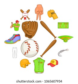 Baseball icons set in cartoon style. Softball equipment set collection vector illustration