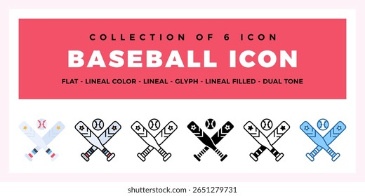 Baseball Icons Set Collection of 6 Unique Baseball Bat and Ball Graphics