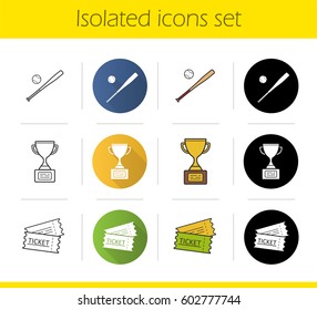 Baseball icons set. Flat design, linear, black and color styles. Softball bat and ball, game tickets, winner's gold cup. Isolated vector illustrations