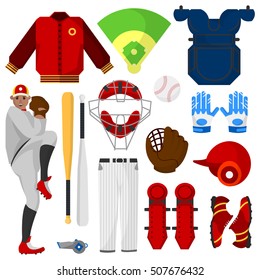 Baseball icons set. Player, sport equipment and uniform for game: bat, ball and glove, shoes or cleats, field, hat and pants, leather mitt and helmet. Vector isolated illustration on white background.