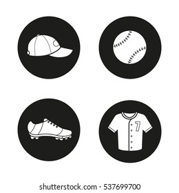 Baseball icons set. Softball equipment. Ball, cap, shoe and t-shirt. Vector white silhouettes illustrations in black circles