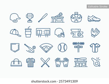 Baseball icons set. Softball and baseball simple line art outline graphic style symbol icon pack. Editable stroke line vector illustration template