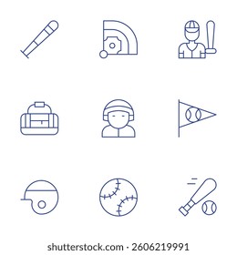 Baseball icons set. Thin Line style, editable stroke. baseball, baseball player, baseball bag, bat, field, ball.