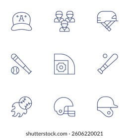 Baseball icons set. Thin Line style, editable stroke. helmet, baseball, baseball helmet, cap, team, bat, field.