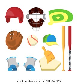 Baseball Icons Set Vector. Classic Baseball Accessories. American Game Athlete Sport League Equipment. Helmet, Bita, Ball, Gloves, Field. Isolated Flat Cartoon Illustration
