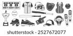 Baseball icons. Sports game elements, black silhouettes, professional equipment, uniform, scoreboard, helmet, ball and bat, score table and athletic jacket. Softball isolated tidy vector set