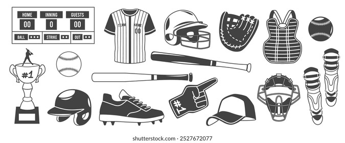 Baseball icons. Sports game elements, black silhouettes, professional equipment, uniform, scoreboard, helmet, ball and bat, score table and athletic jacket. Softball isolated tidy vector set