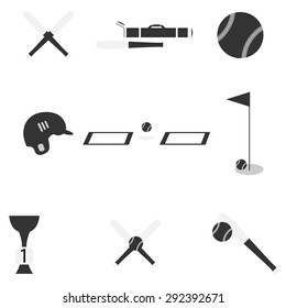 Baseball icons. Sports game equipment for playing, hobby, vector illustration