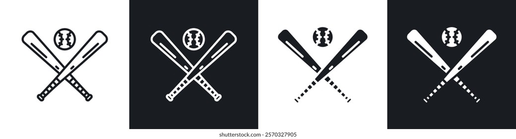 Baseball icons vectors set in black. line and flat versions